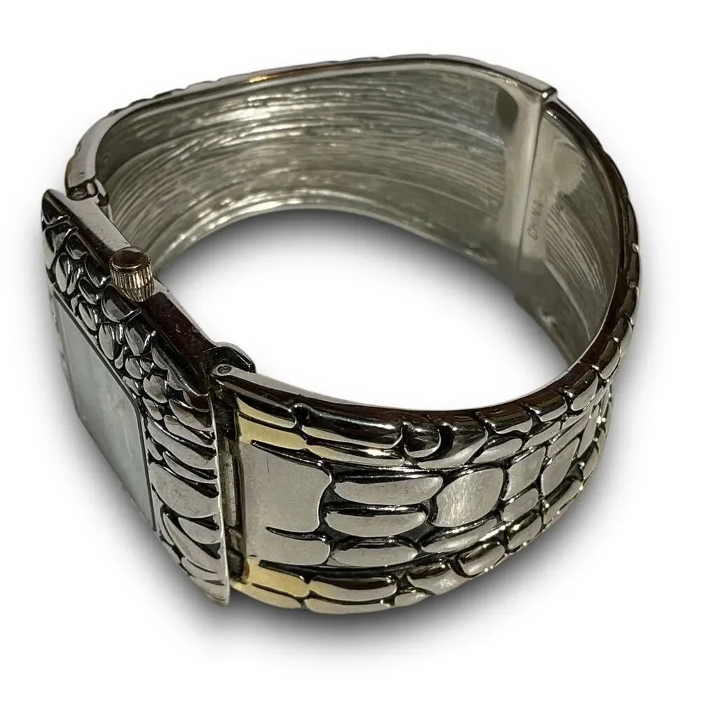 Y2K Vintage Quartz Two Tone Bezel Square Face Bangle Cuff Watch